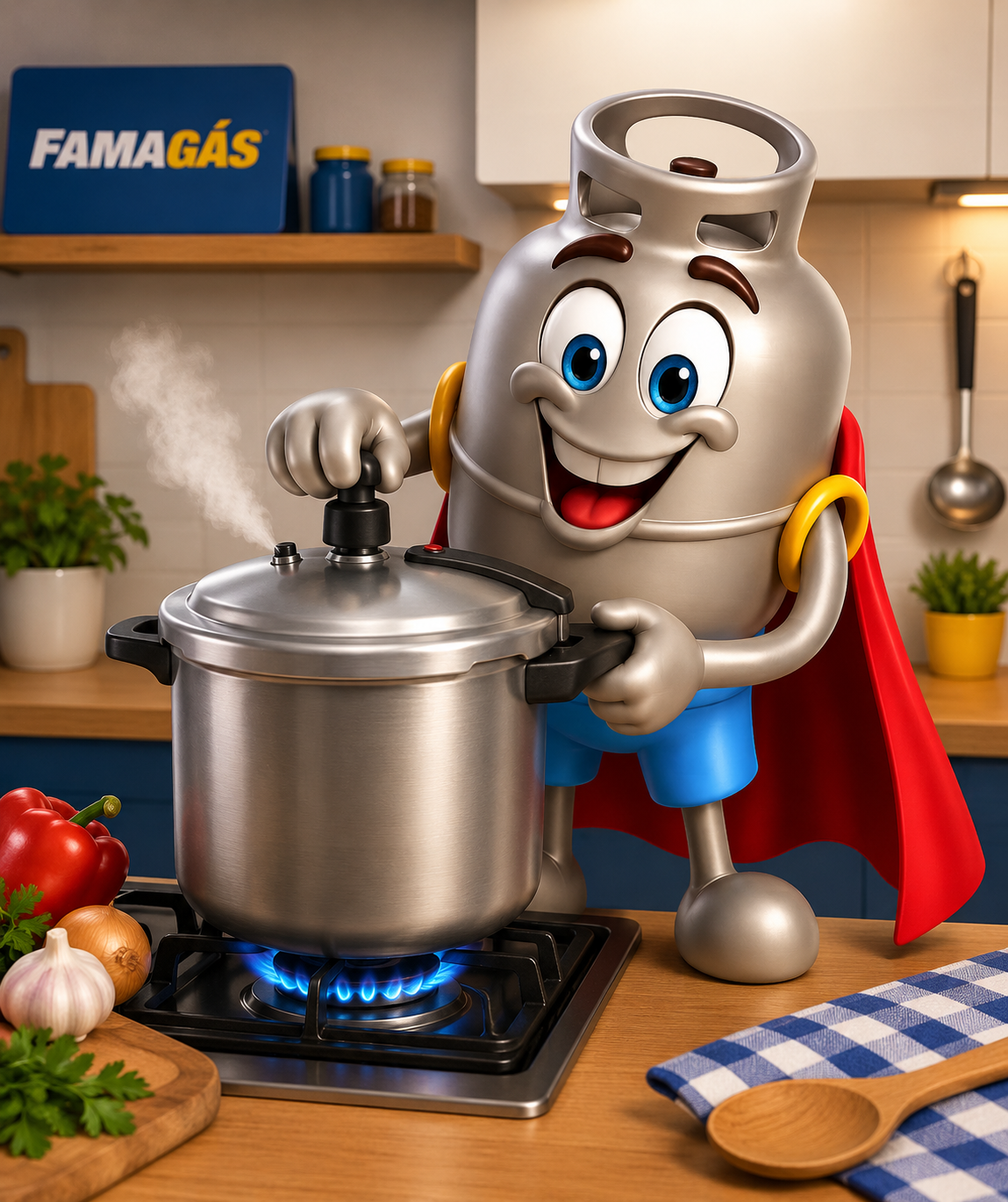 Mascote FamaGás usando panela de pressão em cozinha residencial