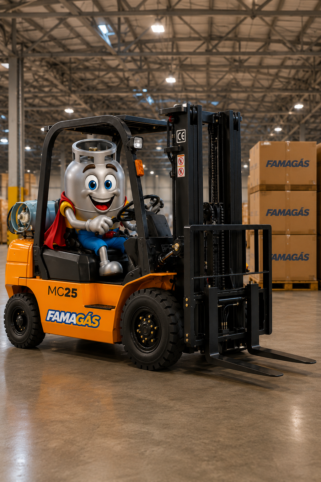 Mascote FamaGás operando empilhadeira em centro logístico